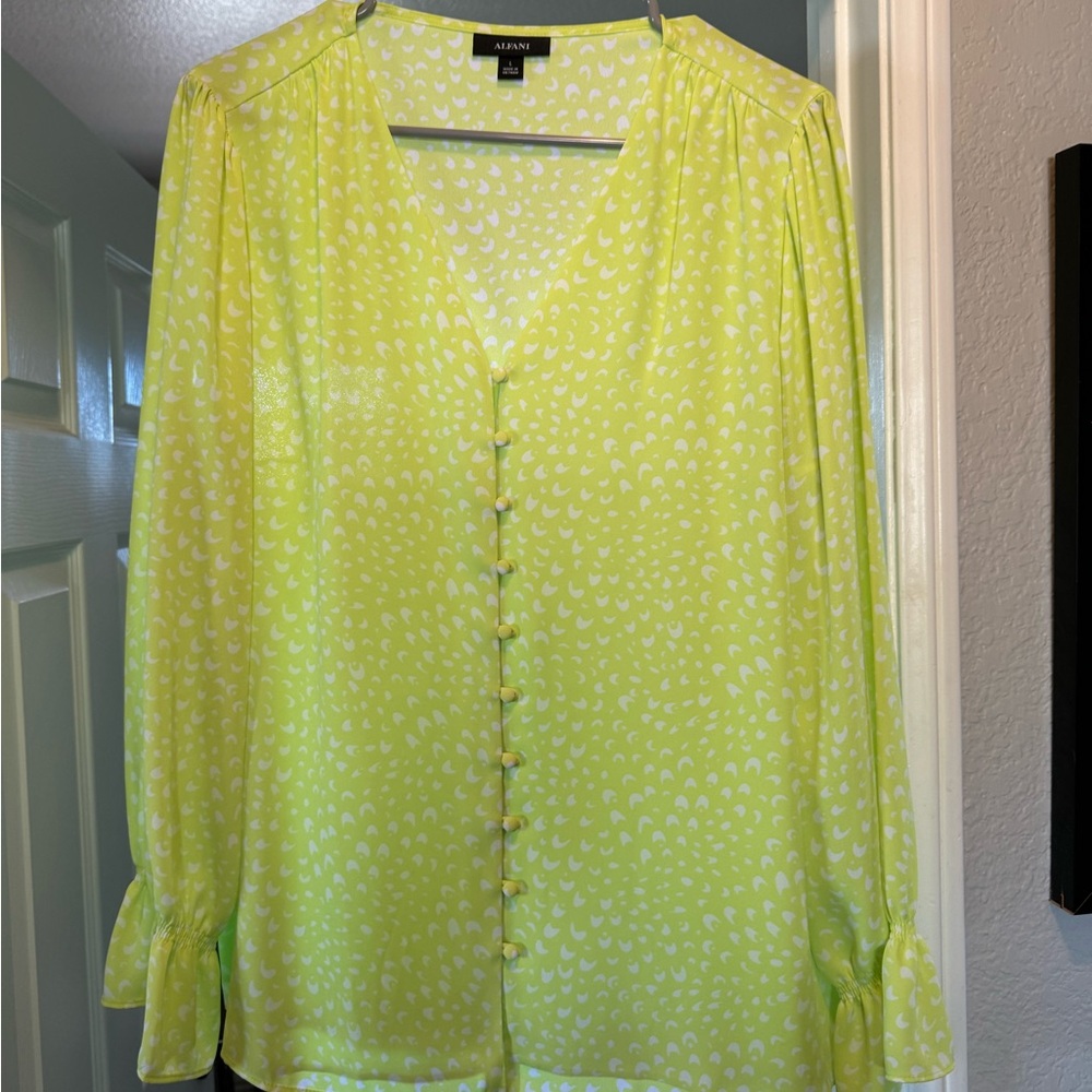 Alfani long sleeve blouse, yellowish green color with white accents SOLD